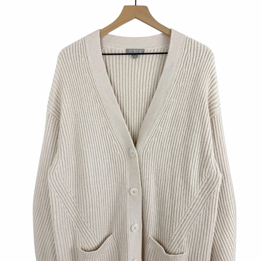 J. Crew Ribbed V-Neck Cardigan Sweater Beige Size Large Oversized Fit